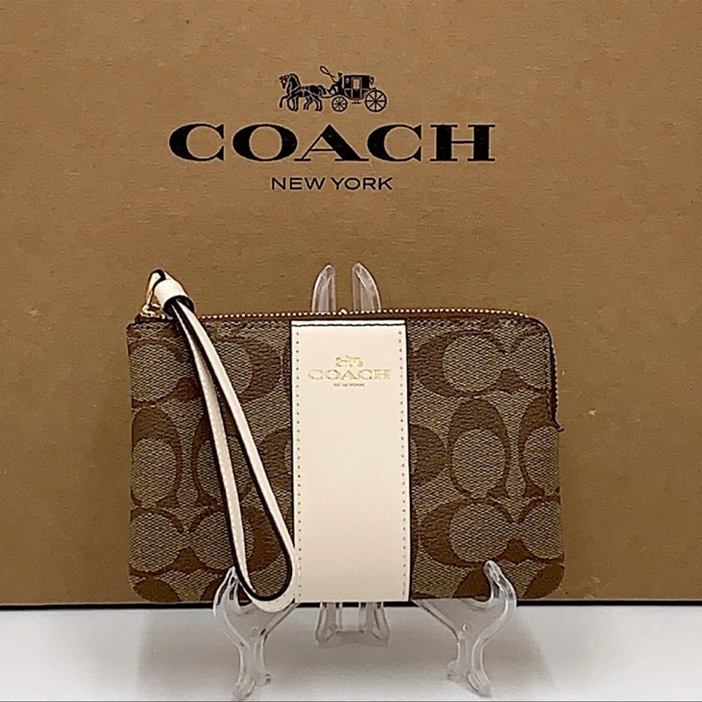 Corner Zip Wristlet In Signature Canvas KHAKICHALK - Picture 2 of 16